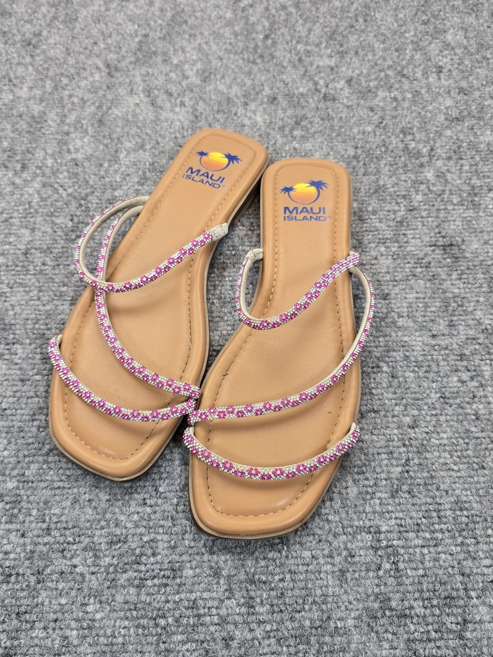Maui Island Pink Rhinestone Strappy Slide Sandals Womens 8M Square Toe Casual